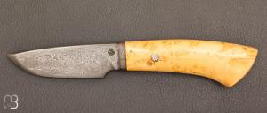  Couteau  "  droit  " artisanal  lame forge en acier damas et loupe de buis par Jean Paul Sire