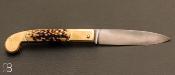  Couteau custom de poche à cran carré de Pierre Henri Monnet - Laiton et bois de cerf
