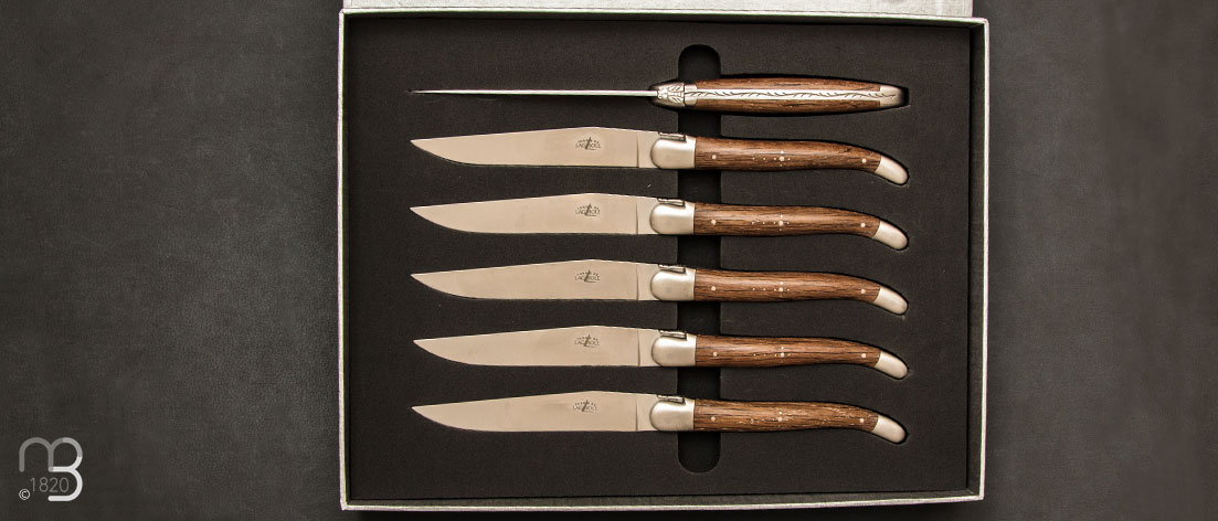 Coffret de 6 couteaux de table LAGUIOLE manches chêne fossilisé lame satinée par Forge de Laguiole