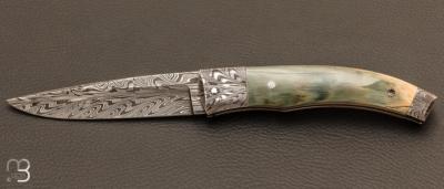 Couteau de poche damas plume et mammouth vert de Alain & Joris Chomilier