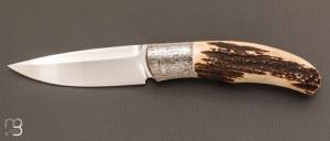   Couteau " Eryx " custom pliant par Milan Mozolic - Cerf sambar / damas et W2