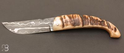 Couteau " Berger XL " pliant par José Viale - Lame Damas et corne de mouflon