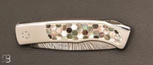 Couteau " custom " lock back par Christian Penot - Mosaïque nacre et lame damas plume