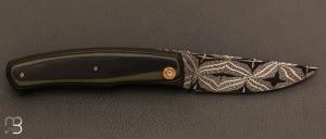 Couteau  "  custom " liner-lock par Diogo Wojakevicz - G-10 et lame damas mosaïque