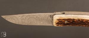  Couteau " liner lock " custom par Joël Grandjean - Bois de cerf et lame en damas