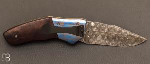 Couteau "  linerlock " custom par Allen Elishewitz - Bois de fer et damas