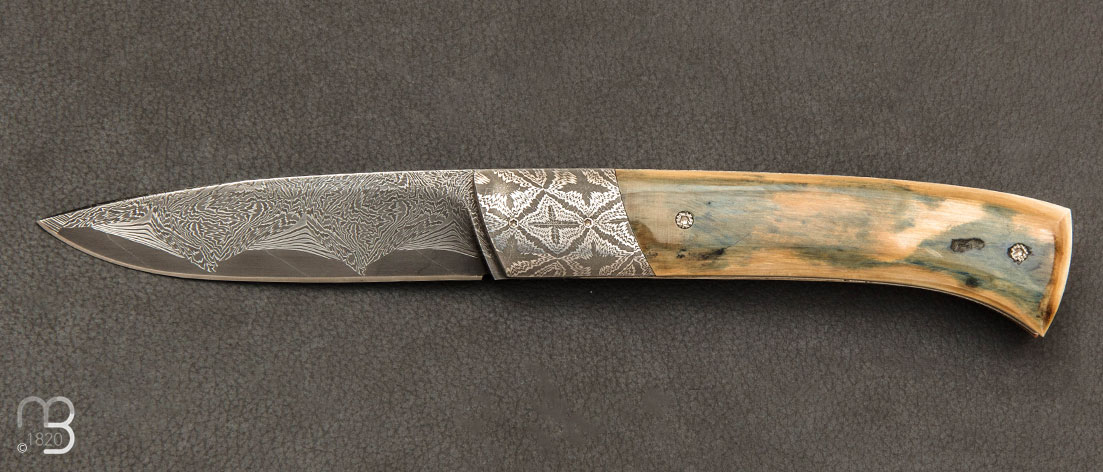 Couteau de poche Rhodanien Mammouth et damas par Philippe Ricard