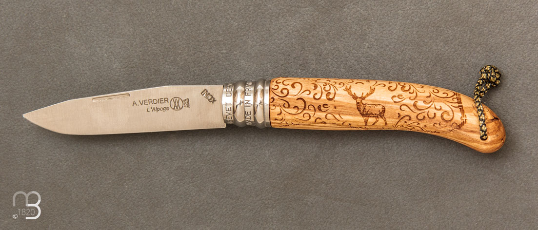 Couteau de poche Alpage Sauvage Olivier gravure Cerf