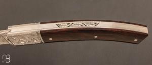 Couteau  "  Cran plat " custom damas et bois de fer d'Arizona par Claude Giraud