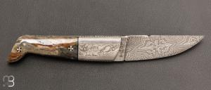    Couteau "Titan" de Stéphane Robin - Le Cellois - Os de Mégalocéros et lame damas mosaïque
