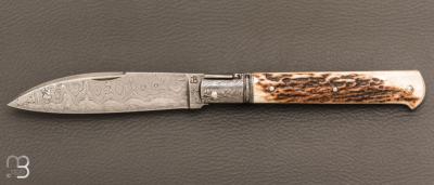    Couteau " Yssingeaux " custom de Jérôme Bellon - Bois de cerf et damas