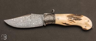 Couteau " Champagny " custom à palanquille de Jérôme Bellon - Bois de cerf et damas