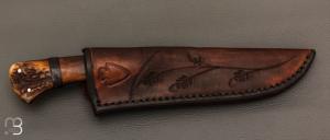    Couteau " Primitif " droit forgé par Pierre Henri Monnet - Bois de cerf et damas carbone