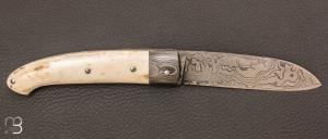 Couteau "  Cran forcé  " damas et bois de cerf par Mickaël Moing
