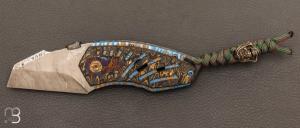 Couteau  " Tank " Bjorkmans damascus et camo carbon gold par Messori Knives