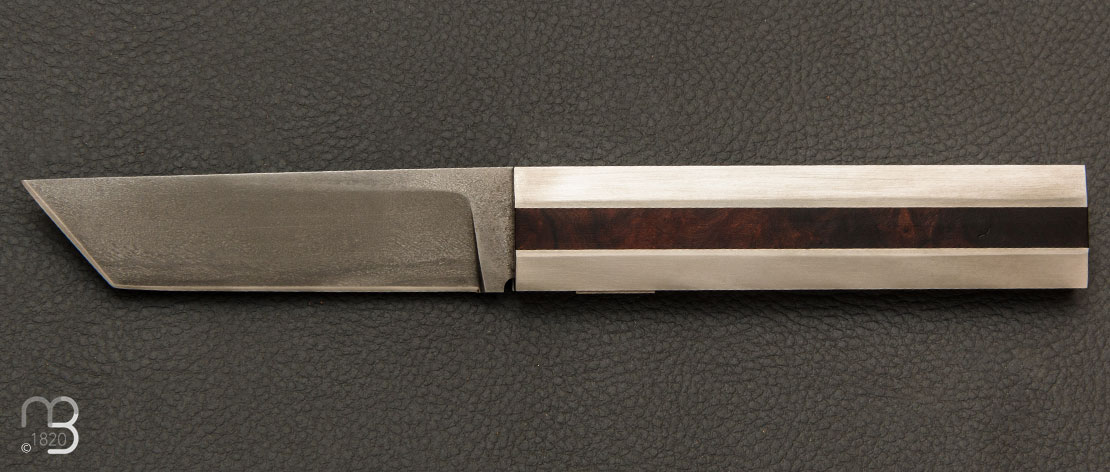 Couteau de poche tanto en Bois de fer et damas wootz par Thierry Chevron