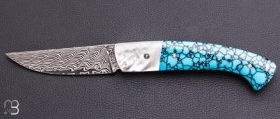   Couteau " 1515 collection Amérindienne  " par Manu Laplace - Nacre blanche et turquoise