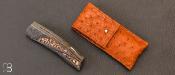 Couteau de poche à cran d'arrêt à pompe corail tigré fossile et damas par A & J Chomilier