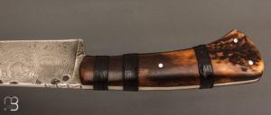    Couteau " Primitif " droit forgé par Pierre Henri Monnet - Bois de cerf et damas carbone