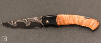   Couteau " lock-back " custom par Silas Coutellerie - Genévrier et lame damas cuivre