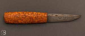 Couteau " puukko " custom Nordique de Laurent Juhel - Loupe de bouleau et lame damas de Samuel Lurquin