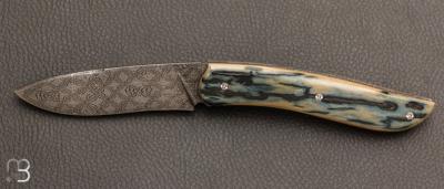 Couteau " Gyr " front flipper custom - Ivoire de mammouth et damas mosaïque par Tim Bernard