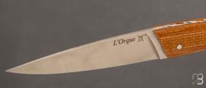    Couteau " L'Orque Lévitas " pliant par l'Atelier Les 2 Diables - Micarta jute moutarde et 14c28n