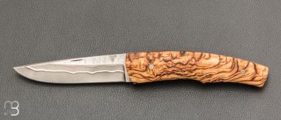    Couteau " liner-lock custom " de Alain & Joris Chomilier - Bouleau de Carélie et damas Mattias Styrefors