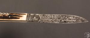  Couteau " Issoire 2 pièces " custom par David Breniere - Bois de cerf sambar et lame damas feuilleté