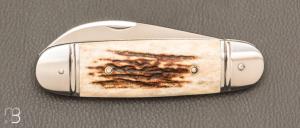  Couteau  "  Bouledogue " custom de Jérôme Bellon - Bois de cerf et lame en RWL34