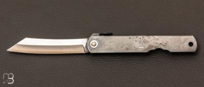 Couteau Japonais Higonokami moyen fer noir gravé par Mali Irie "Vague"