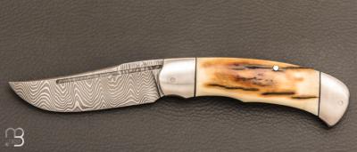  Couteau  " slipjoint " custom de SMZ Flammes de forge - Ivoire de mammouth et damas