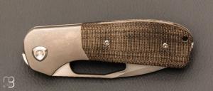 Couteau Designs Field Duty-3.5 Front Flipper Knife 3.5" par Liong Mah - Green Canvas Micarta et CPM-S90V - 042/125