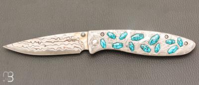  Couteau  " CFLE 18 " par Mcusta - Turquoise et Rainbow damas - Pièce Unique