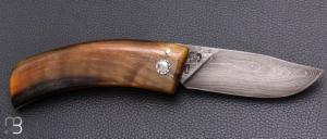   Couteau  de poche Corse corne de bélier et damas de Jean-Jacques Bernet