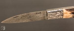    Couteau " Slipjoint " custom par Henri VIALLON - Bois de cerf et lame damas