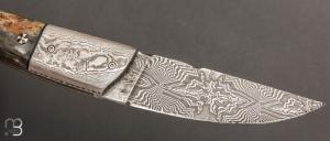    Couteau "Titan" de Stéphane Robin - Le Cellois - Os de Mégalocéros et lame damas mosaïque