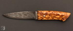  Couteau fixe  lame forge acier damas et fourche de peuplier stabilis par Jean Paul Sire + tui cuir sur mesure