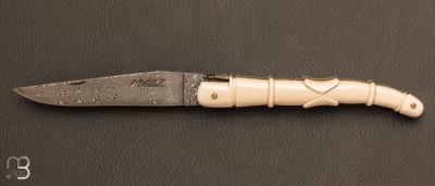 Couteau de collection Laguiole 13 cm Aile de Pigeon ivoire de mammouth et damas par Virgilio Munoz