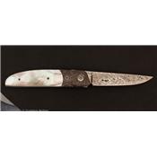 Damasteel and mother of pearl Ball Release folding knife