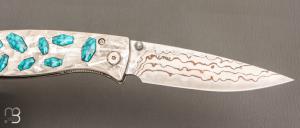  Couteau  " CFLE 18 " par Mcusta - Turquoise et Rainbow damas - Pièce Unique