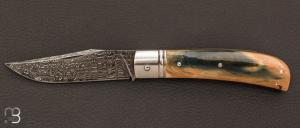 Couteau " Cherokee " custom mammouth bleu et damas par David Brenière