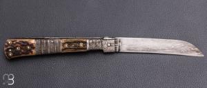    Couteau " Dix-Septième " de Jean Pierre Veysseyre - Damas et bois de cerf