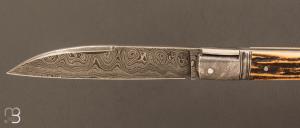Couteau " Laguiole droit " custom de Jérôme Bellon - Bois de cerf et damas