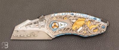 Couteau  " Tank Koï " Hakkapella damascus, titane et météorite par Messori Knives