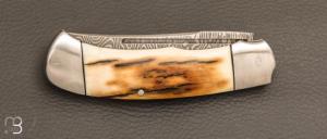  Couteau  " slipjoint " custom de SMZ Flammes de forge - Ivoire de mammouth et damas