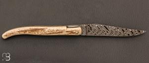 Couteau Laguiole en Aubrac modèle Origine Tour Eiffel N°61 - Croûte d'ivoire de mammouth et Damas Balbach