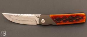    Couteau  "  Sanjo Bolster-Lock " custom os cerfé et acier 115w8 par Guy Poggetti