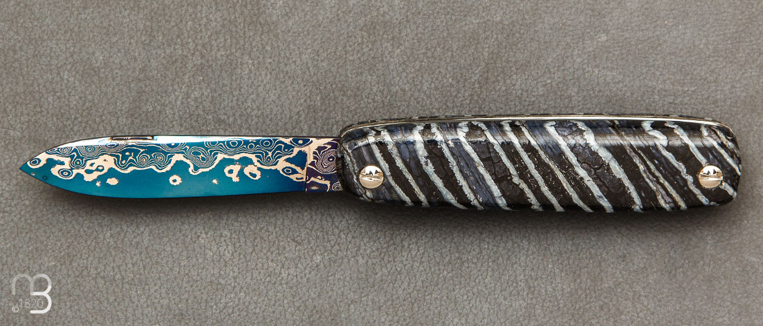 Couteau de poche Canif 10CM molaire de Mammouth et damas bleu par J. Mongin