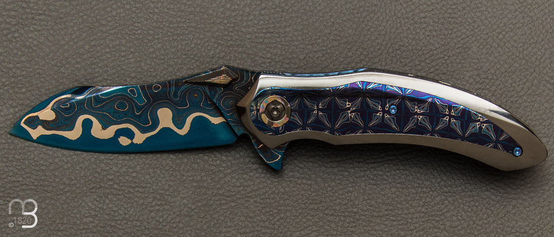 Couteau pliant custom de Peter Martin - Blued Lava Lamp Damascus